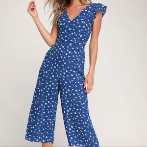 Lulus Floreal Love Blue Floral Print Ruffled Culotte Jumpsuit Small